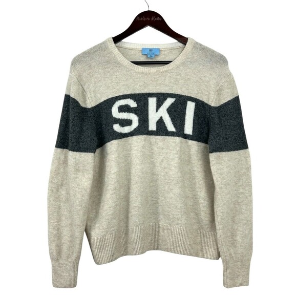 CeCe Women Size M SKI Motif Crew Neck Sweater Ivory Gray Outdoors Comfort E3 - Picture 1 of 12